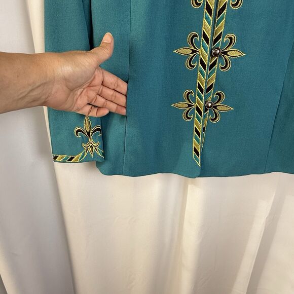 Vintage Bob Mackie Wearable Art Embroidered Fleur De Lis Teal Jacket Blazer XS - Picture 4 of 6